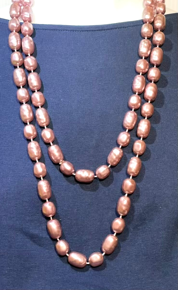 Set of 2 Light Purple Necklaces Plum Large Faux Pearl Beads Vintage 24″ 30″ Long