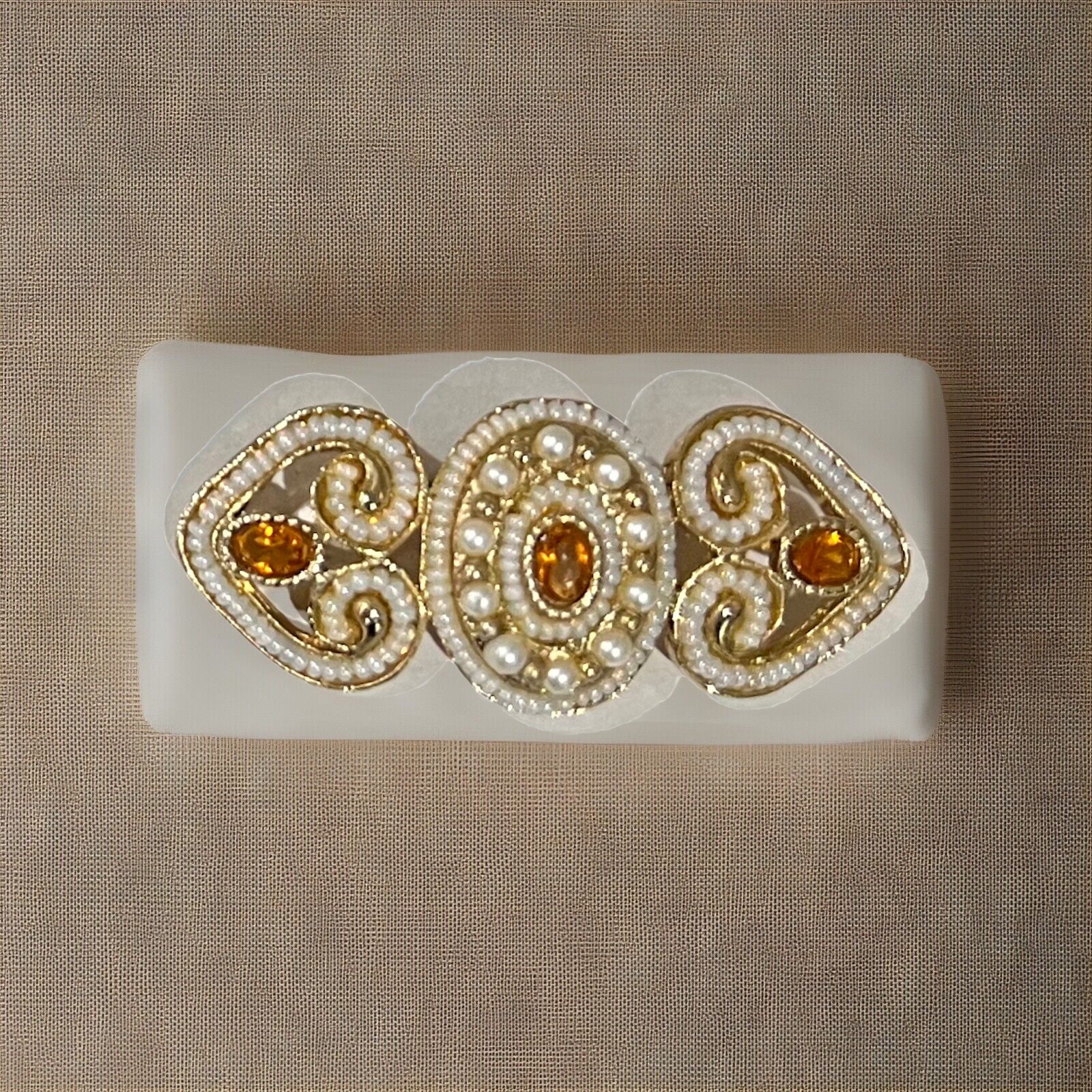 Amber Colored Brooch Crystal Gold Toned Faux Pearl Quality Vintage MCM