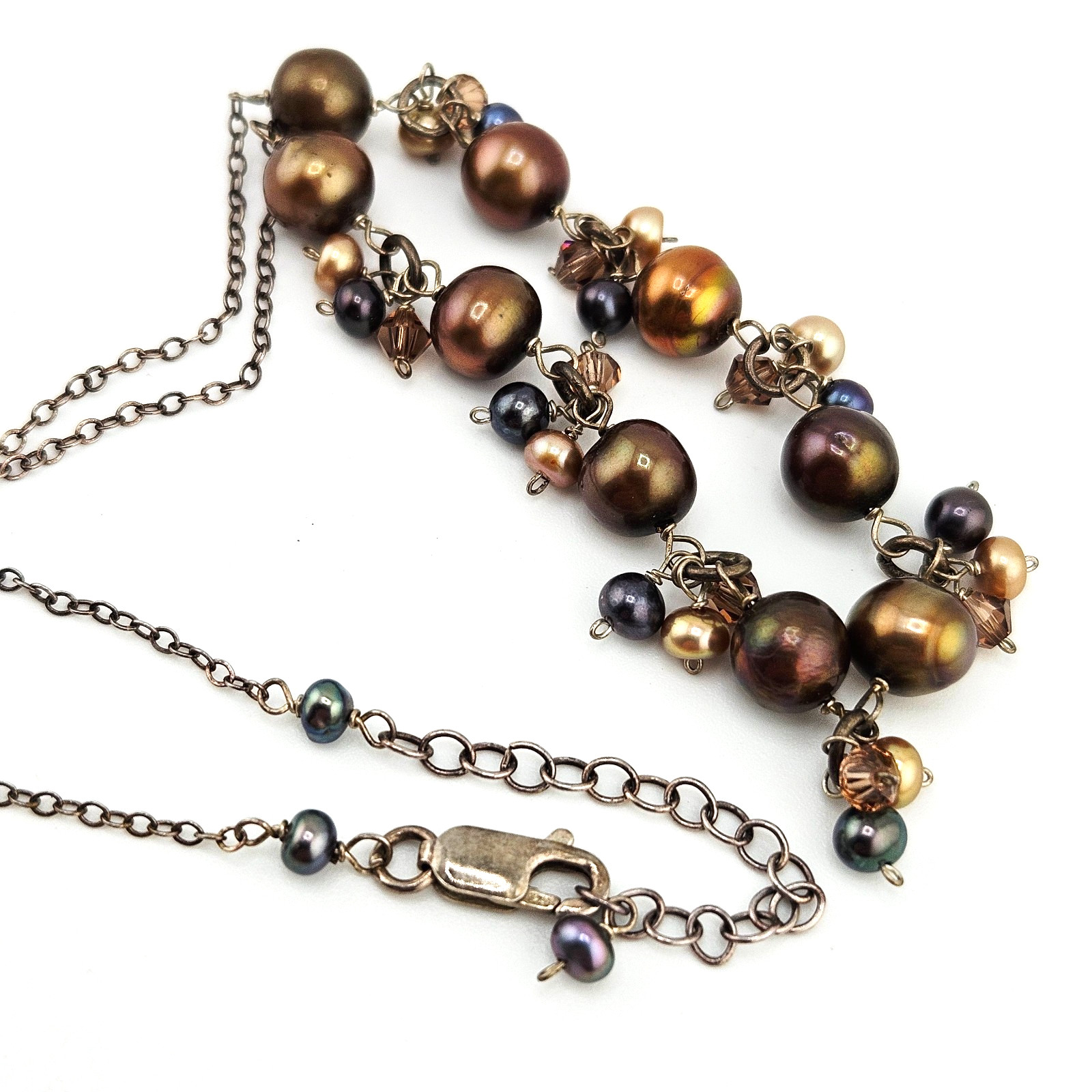 🌸 Vintage Sterling Silver Baroque Pearl Cluster Necklace – Brown/Gold/Black Pea