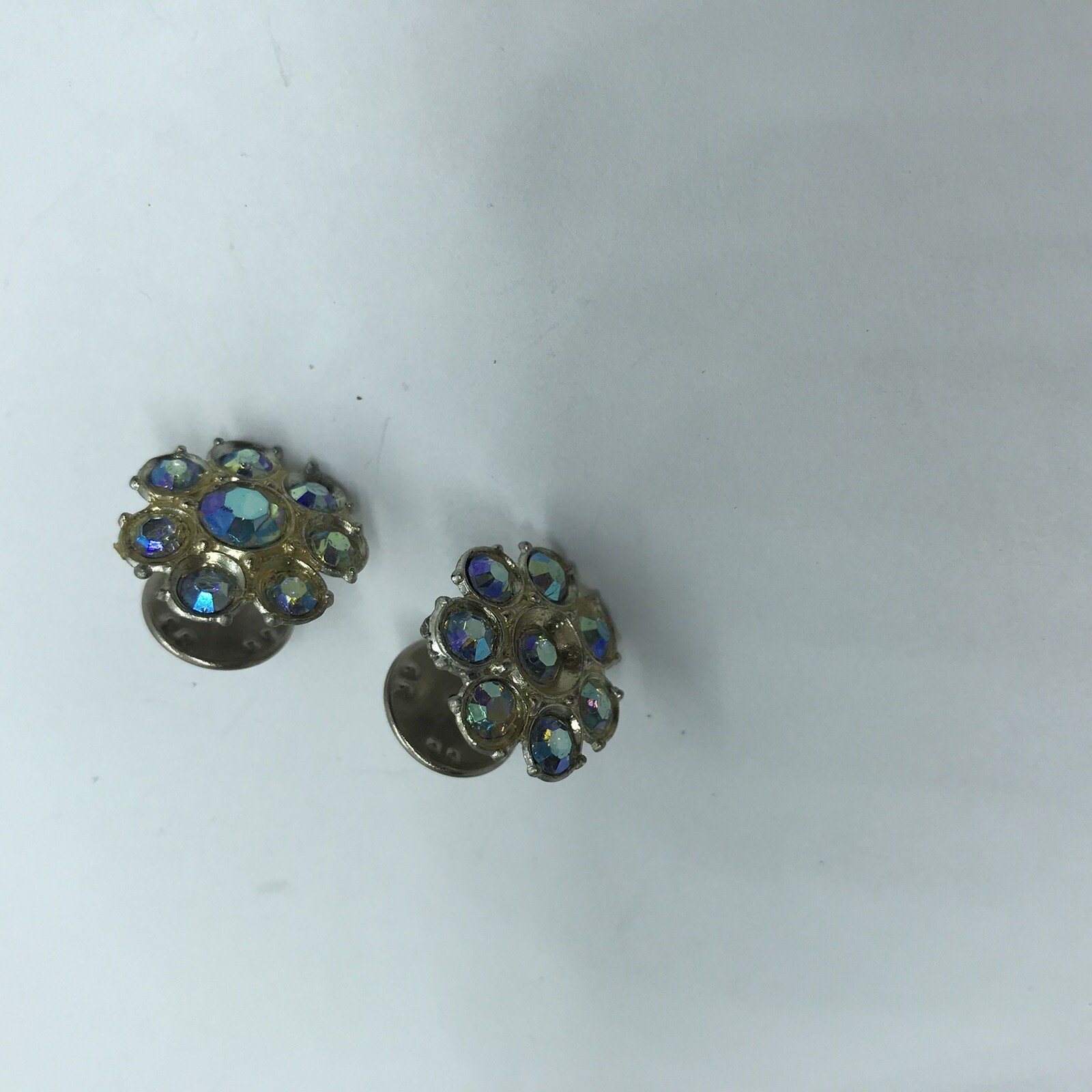 Vintage Scatter Pins Pot Metal Rhinestone set of 2 flower shape aurora borealis