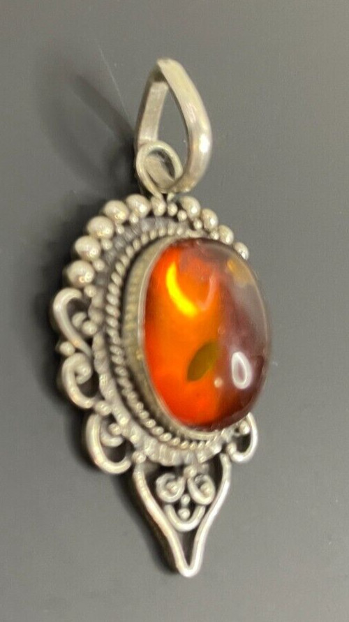 Vintage .925 Silver Necklace Pendant Only With Amber Stone