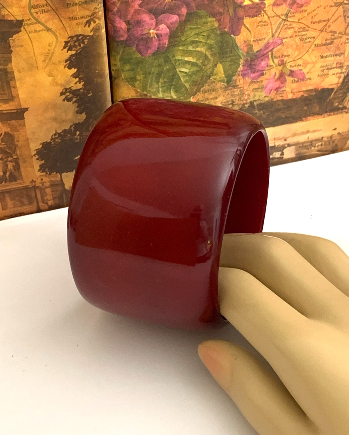 Marion Godard Paris Lucite Bangle Bracelet Burgundy Polished Finish Chunky Wide