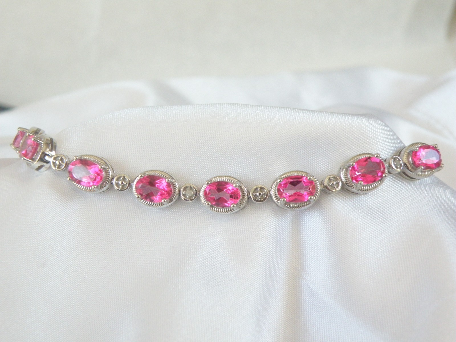 Sterling Silver 925 Natural Pink Topaz Diamond Tennis Bracelet 7.5″