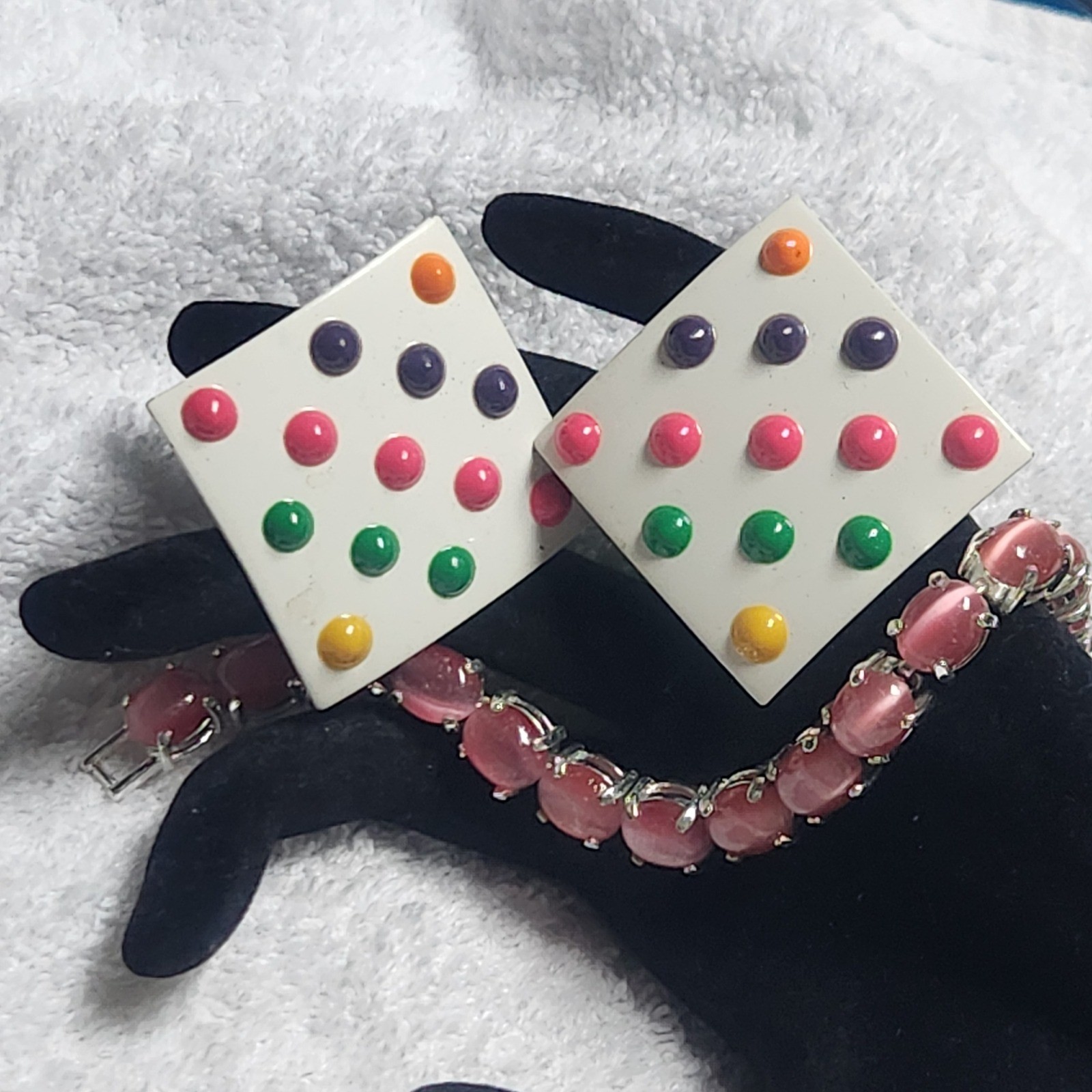Avon Pink Cats Eye Bracelet and Vintage 80s Multi Color Dot Square Earrings lot
