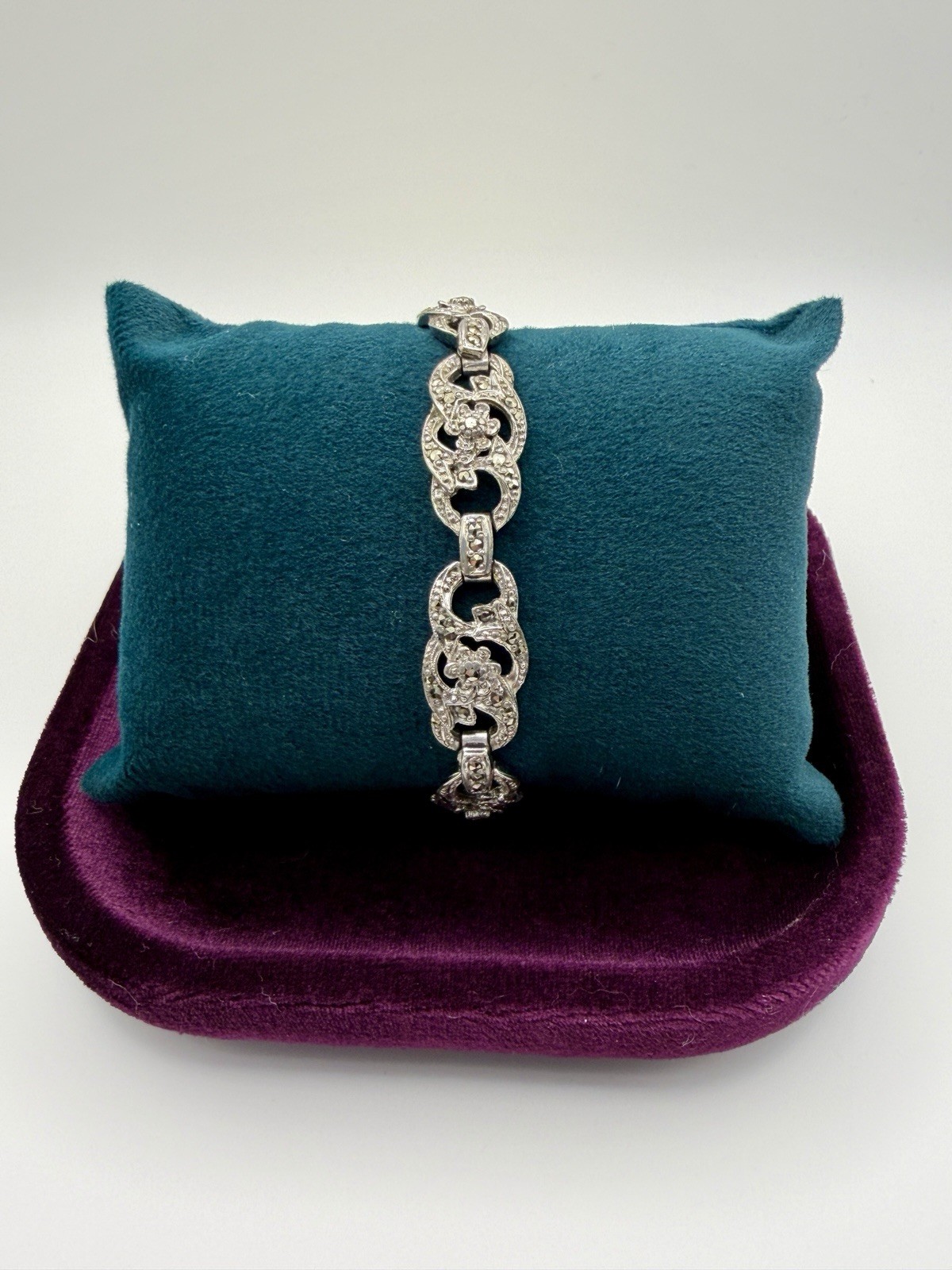 Antique Signed SPHINX Marcasite Link Bracelet Art Deco 1950s Floral Silver Tone