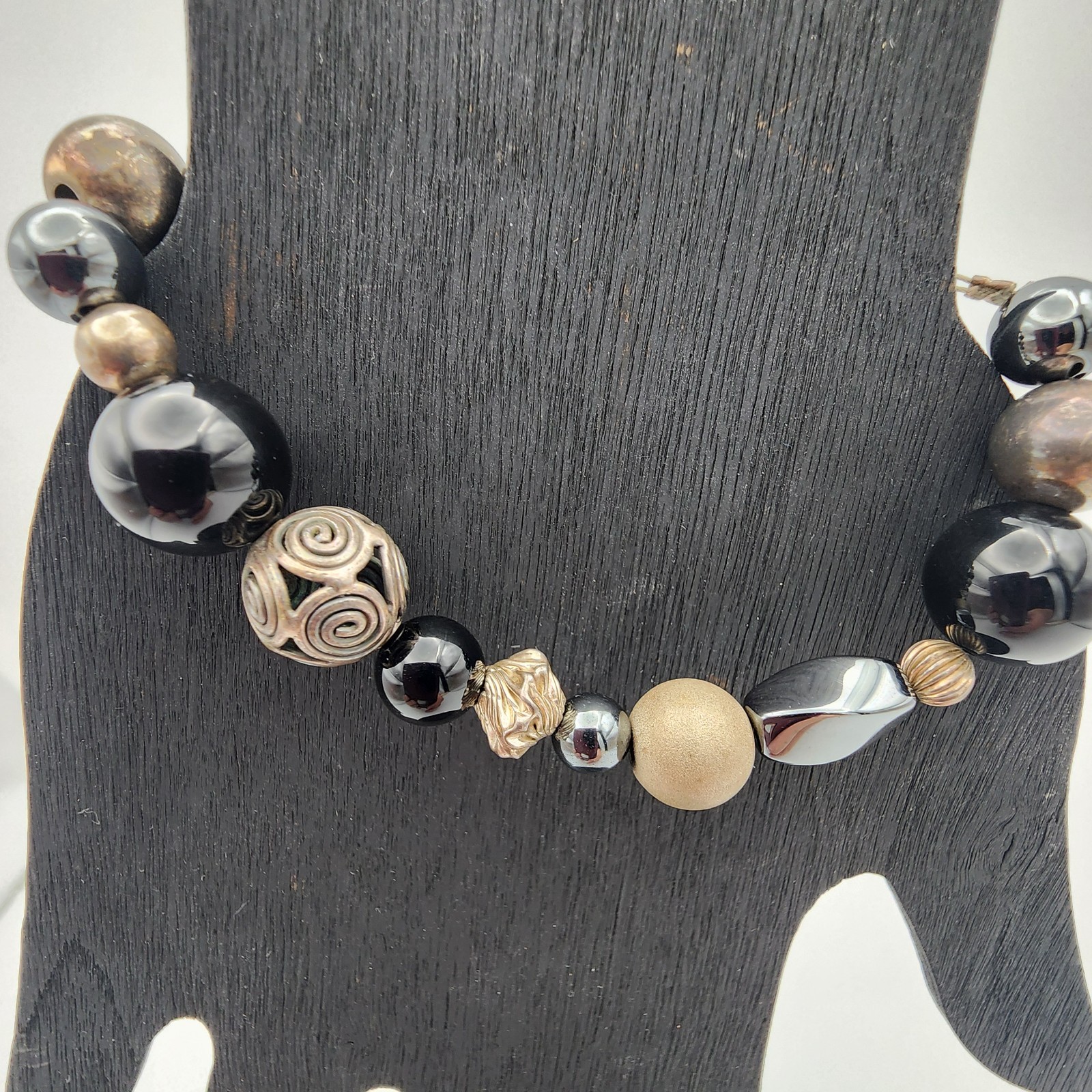 VTG 925 Silver Mixed Bead Hematite Onyx Bracelet 6.75″ Black Boho GUC