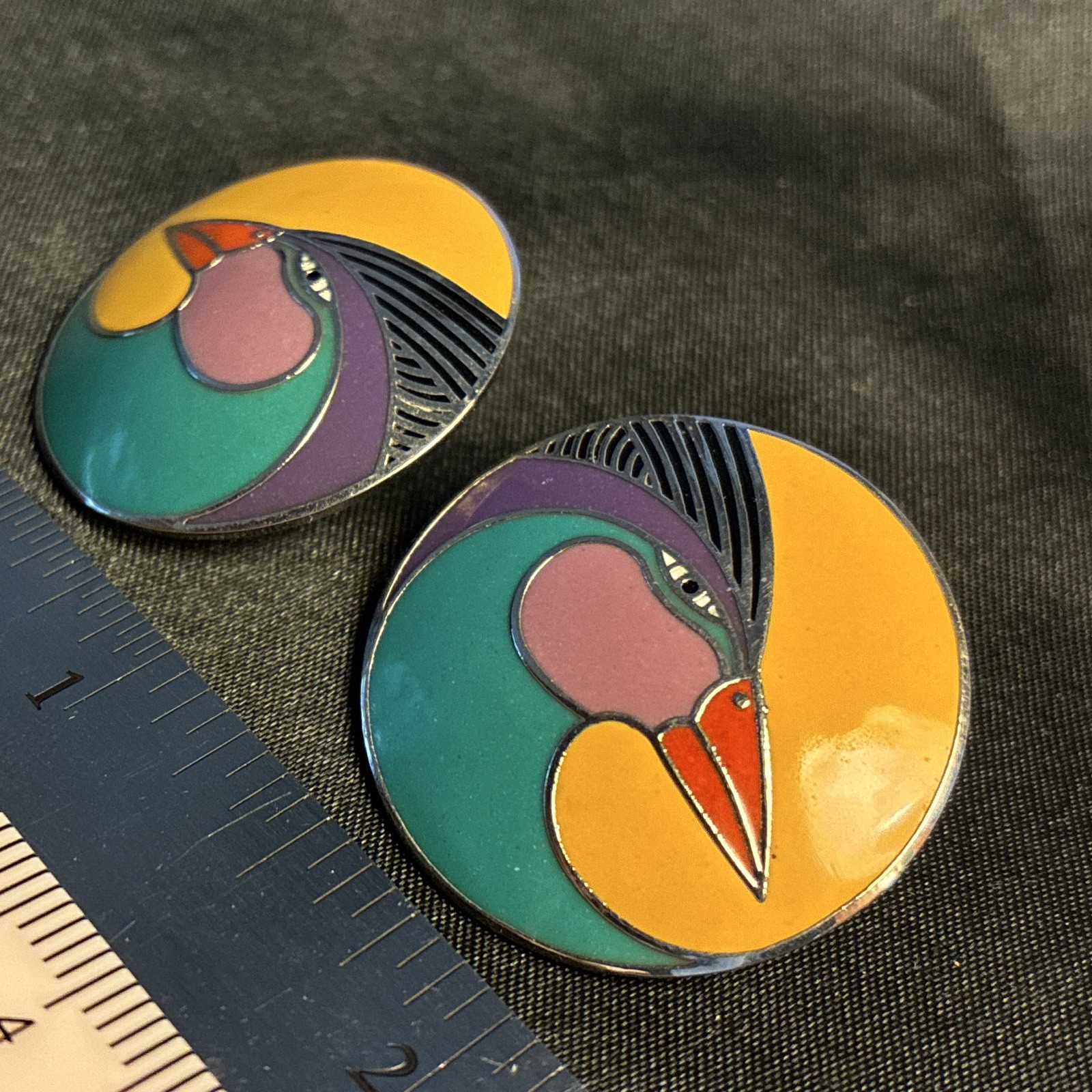 Laurel Burch Harlequin Bird Round Multicolor Enamel Yellow Stud Earrings