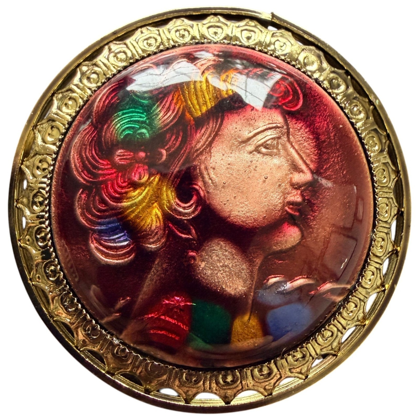Vintage 1950s Reverse Carved Lucite Renaissance Lady Brooch New Old Stock