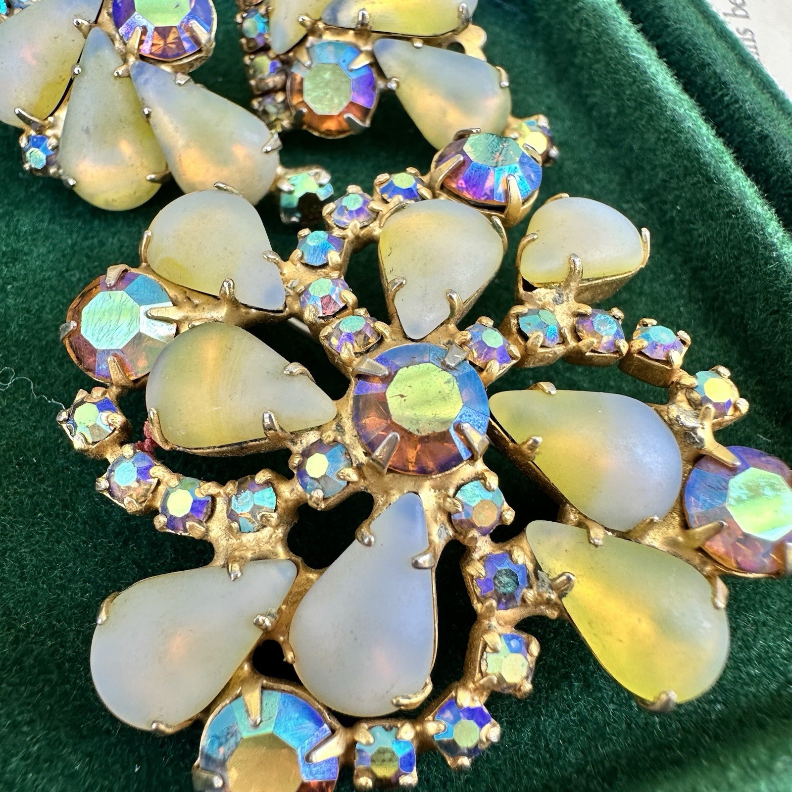 Vintage Opaline Brooch Earrings Set Juliana Kramer Style AB Rhinestone Glass