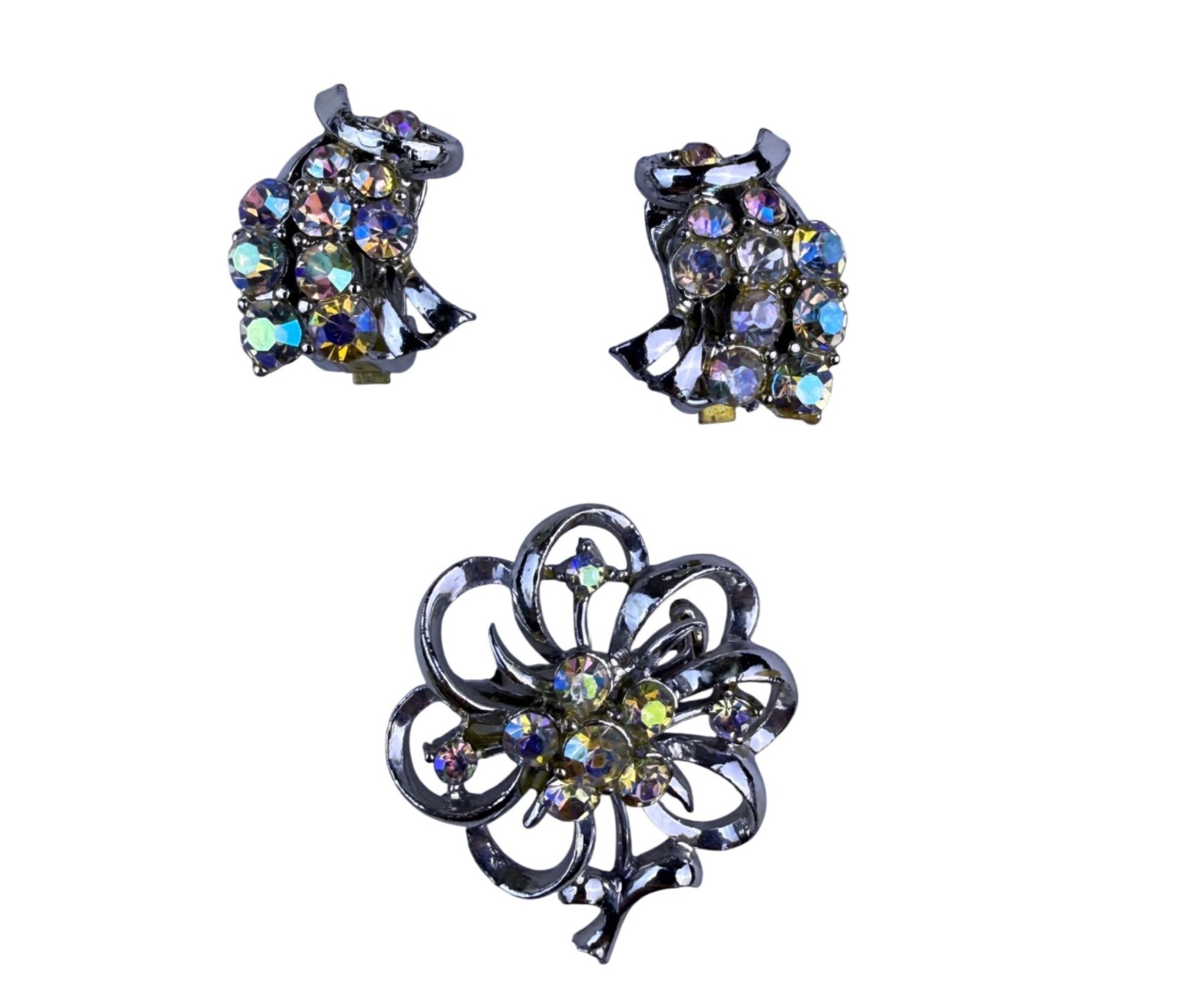Vintage Womens Silver Tone Rhinestone Floral Brooch & Clip-On Earrings Set
