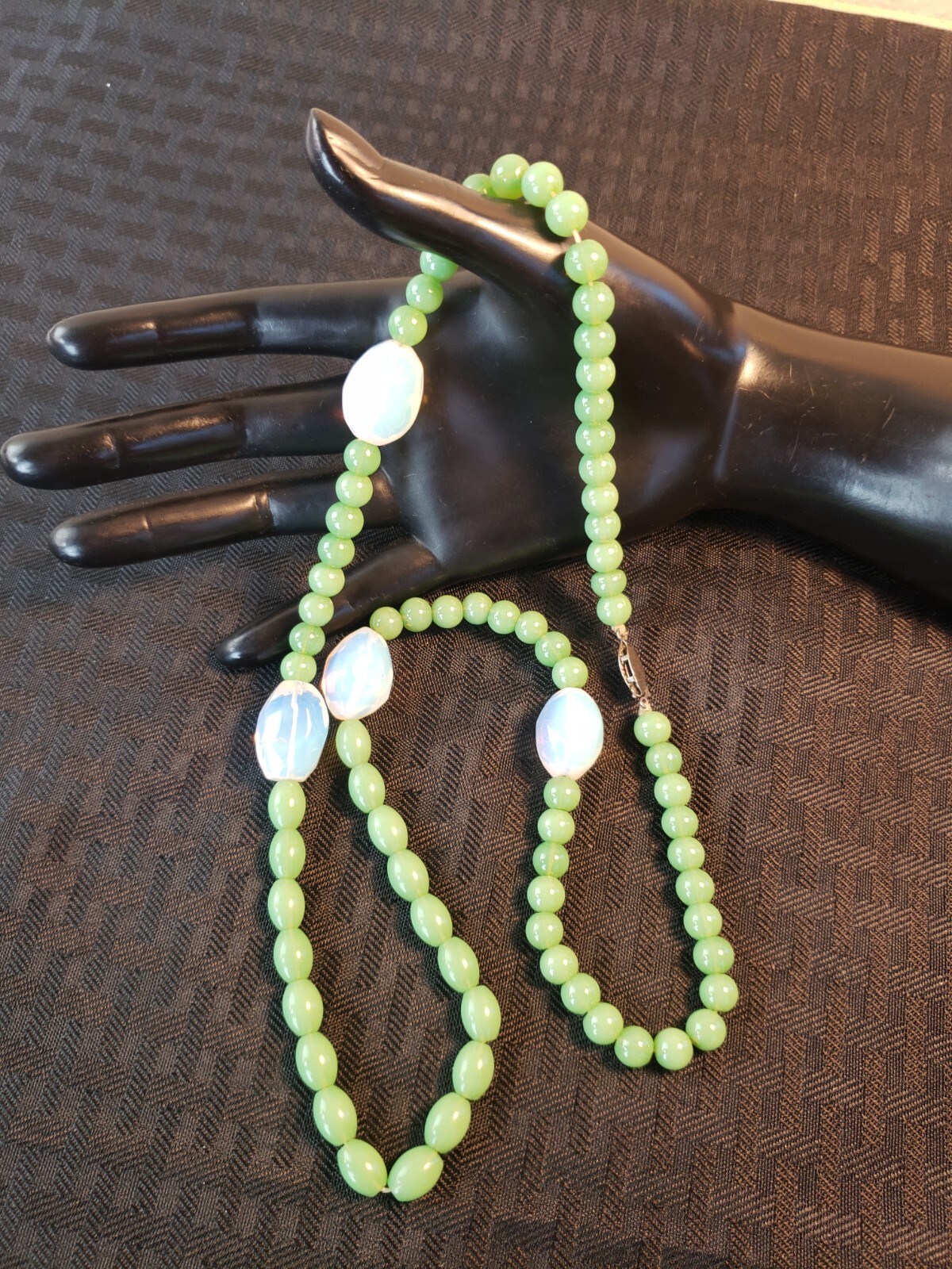 Vintage Opaline and Sage Green Glass Bead Necklace 29″