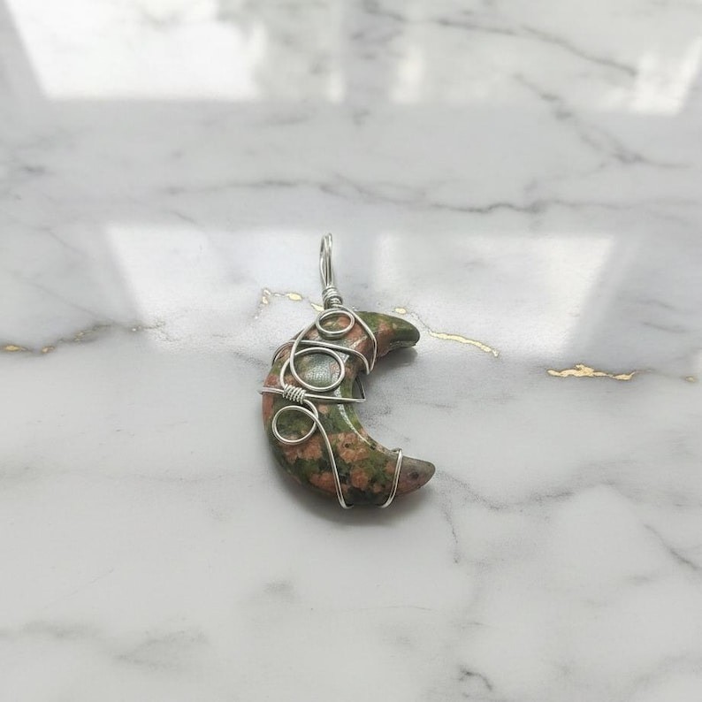 Unakite Pendant Necklace, Handmade Wire Wrapped Green Pink Stone Charm