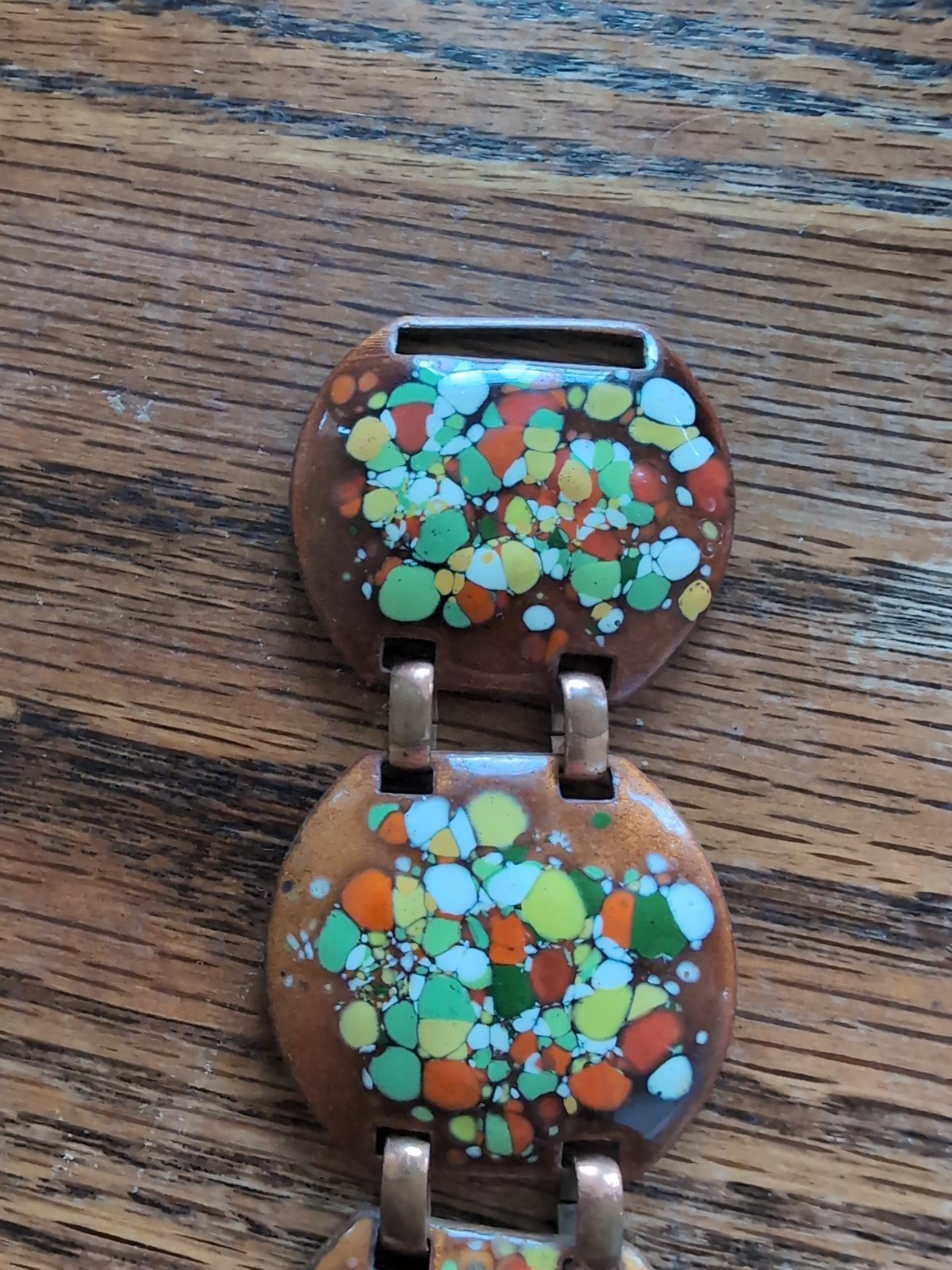 Vtg Unbranded Very Unique Copper & Enamel Link Bracelet~1.5″ Wide~7.5″ Long@~