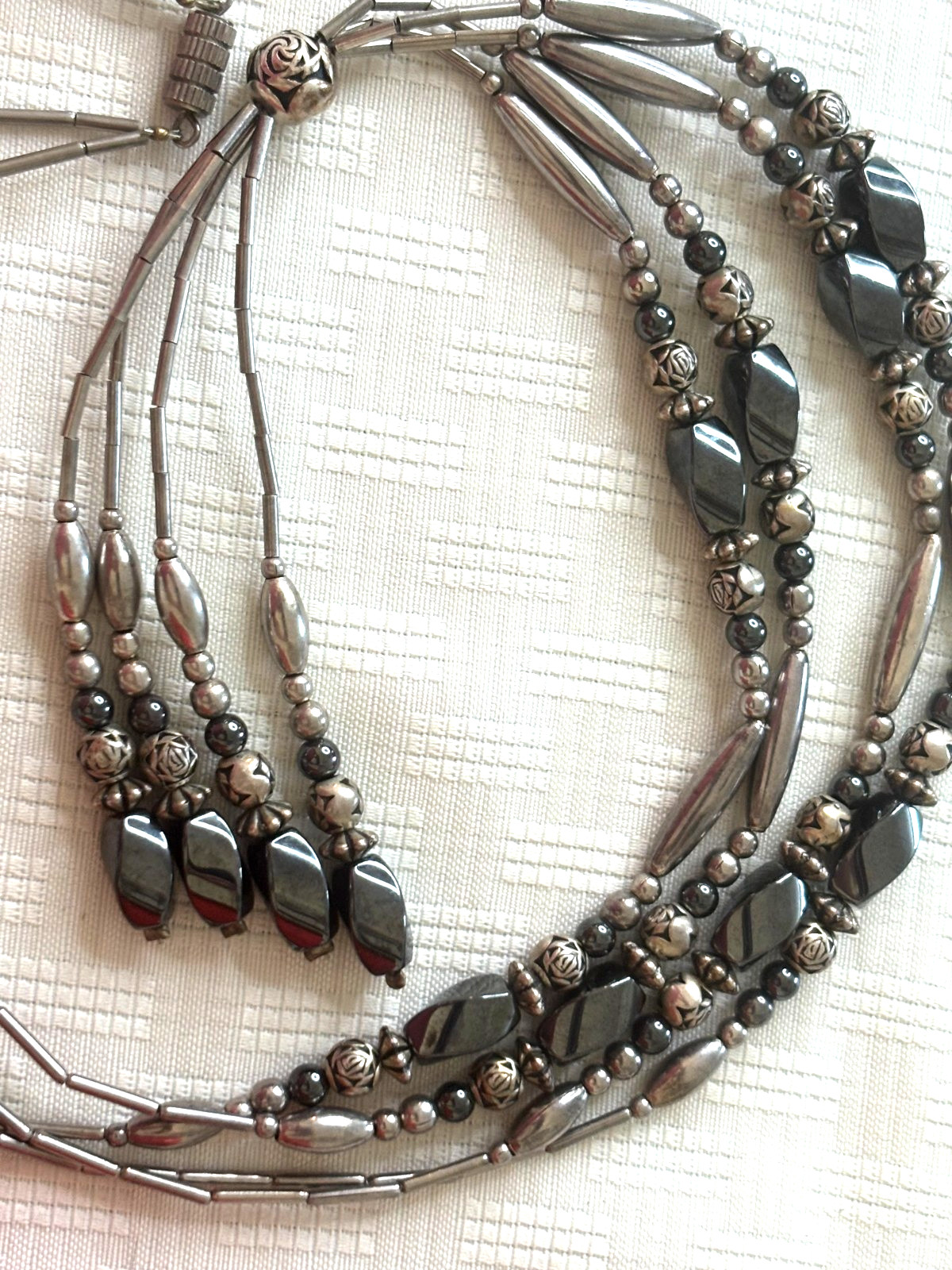 Vintage Southwestern Liquid Silver Hematite Multi Strand Lariat Tassel Necklace