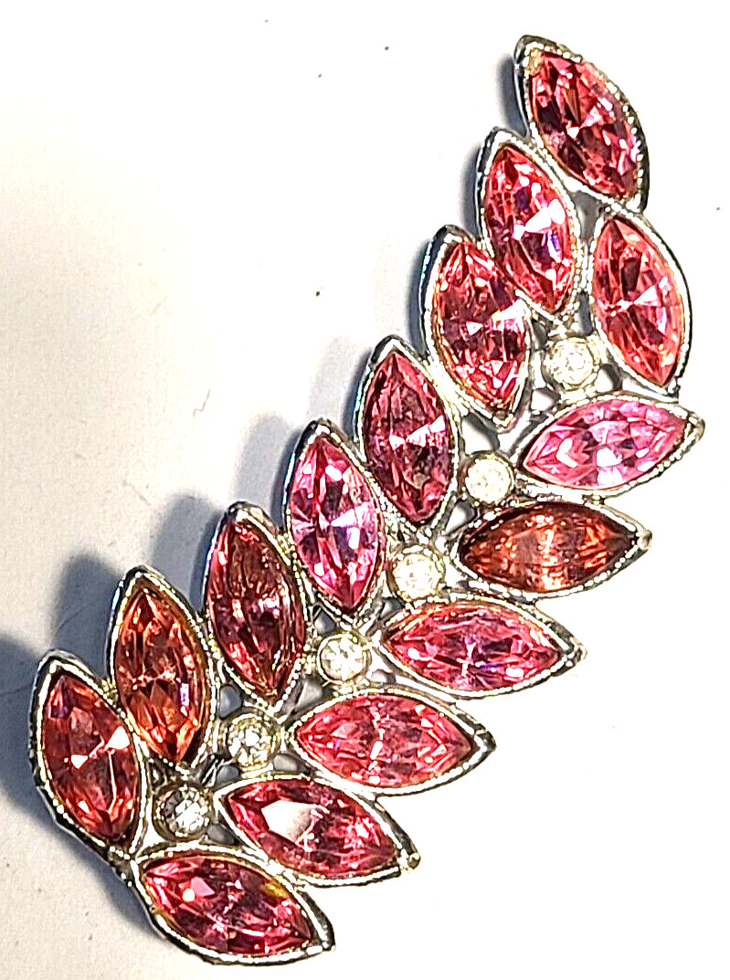 VINTAGE STUNNING PINK GLASS CLEAR CRYSTAL FLORAL PIN BROOCH