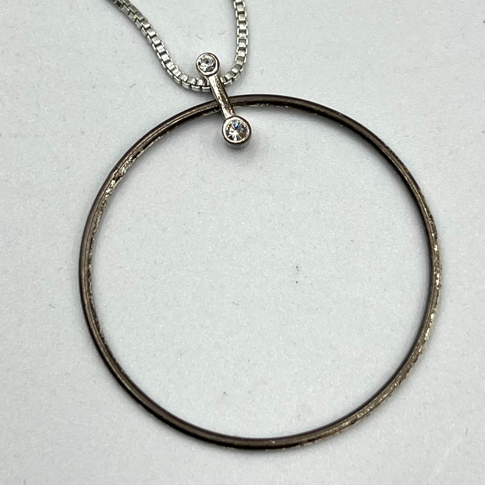 Vintage Pilgrim Silver Tone Circle Crystal Pendant Box Chain Necklace Minimalist