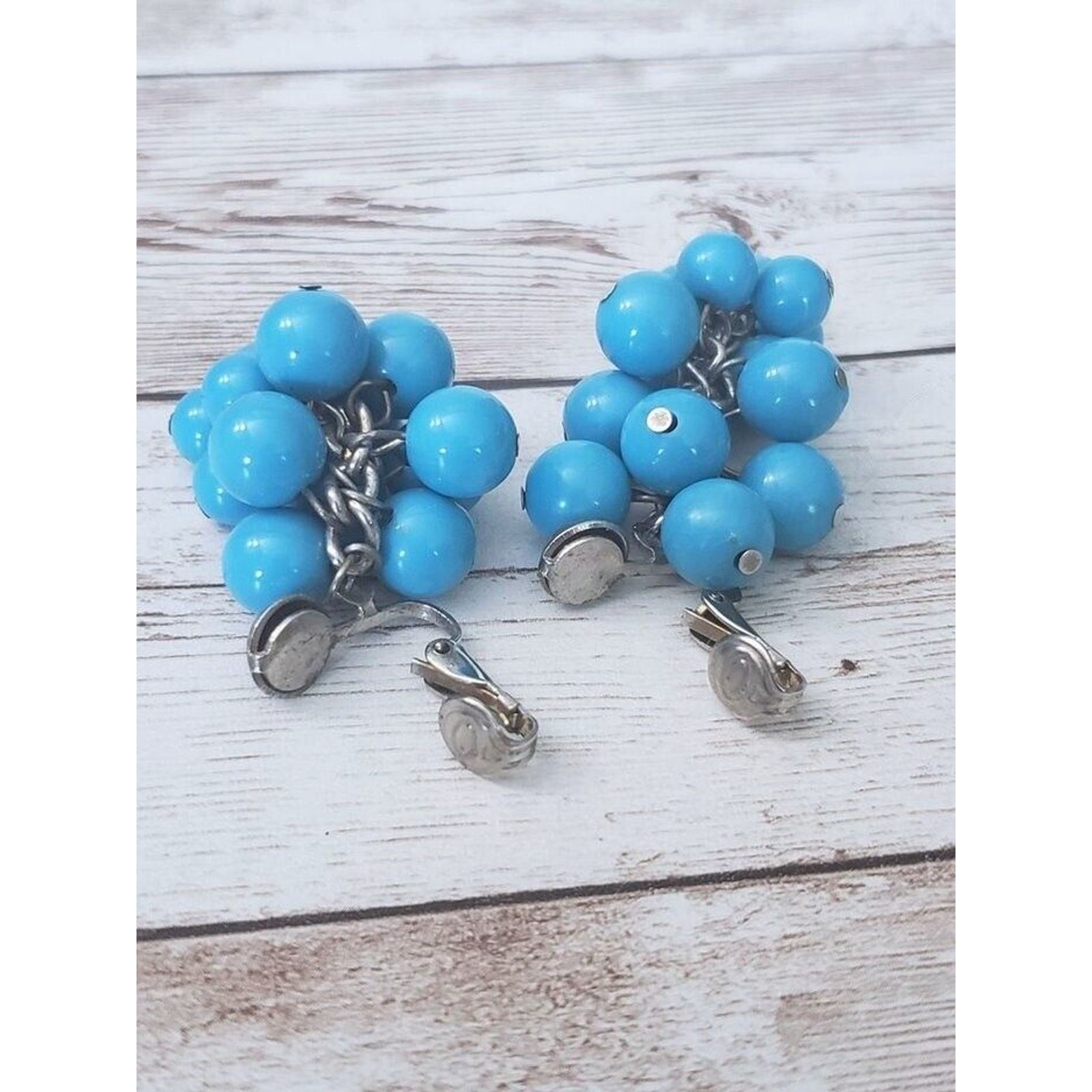 Vintage Clip On Earrings Bright Blue Balls Dangle Large Statement