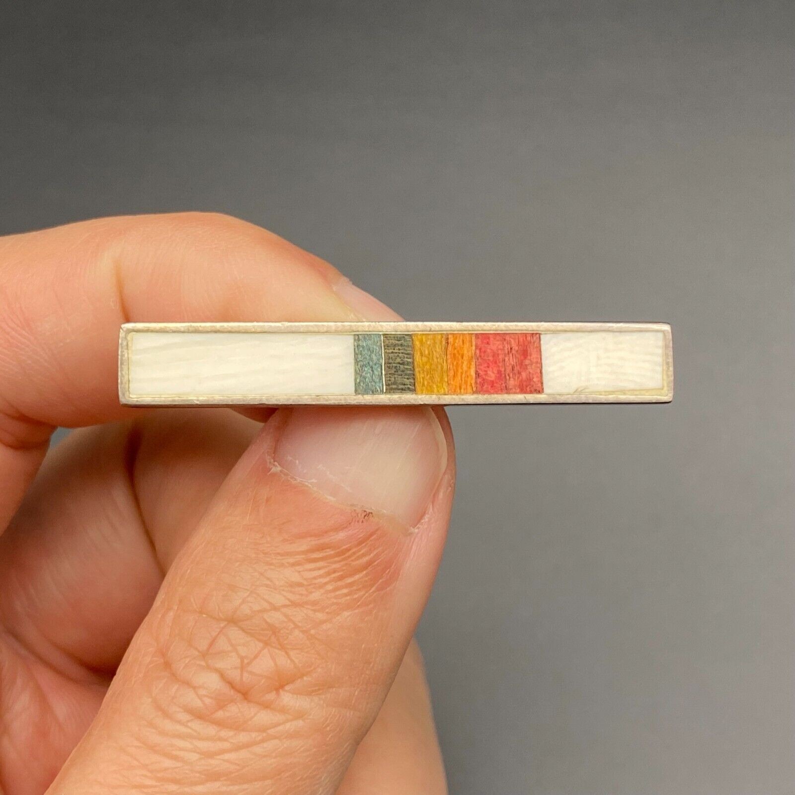 Vintage Modernist Minimalist Multiple Inlay Silver Bar Pin Brooch