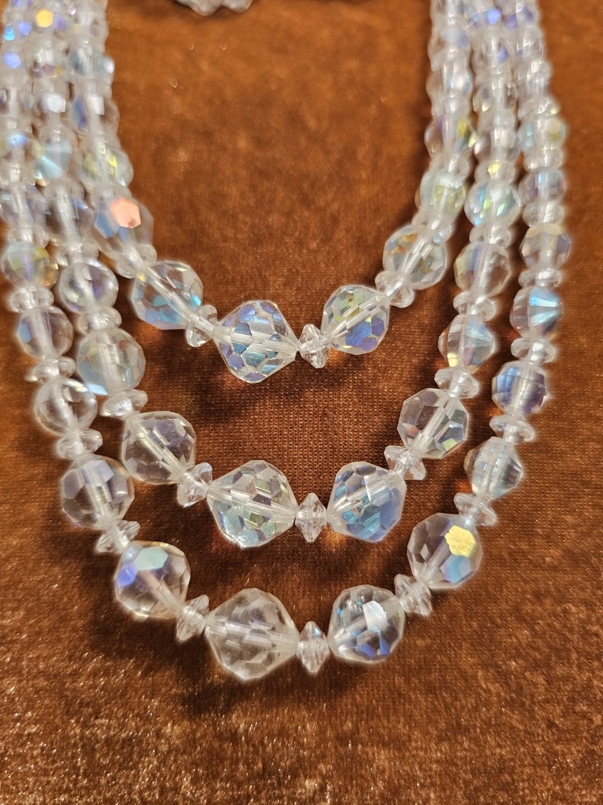 Vintage 8″ 3-Strand, Iridescent Beaded Choker And Matching Clip Earrings