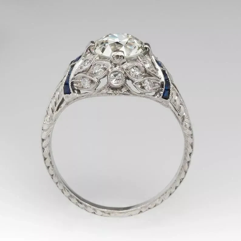 Art Deco Vintage 14K White Gold FN Lab Created Diamond Sapphire Engagement Ring