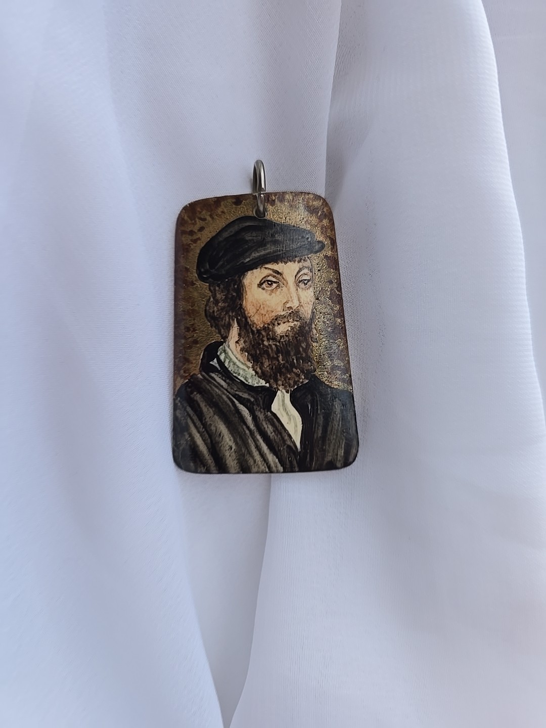 Vintage Polish Maja Witowiak Miniature Portrait Pendant Hand Painted Man Holbein