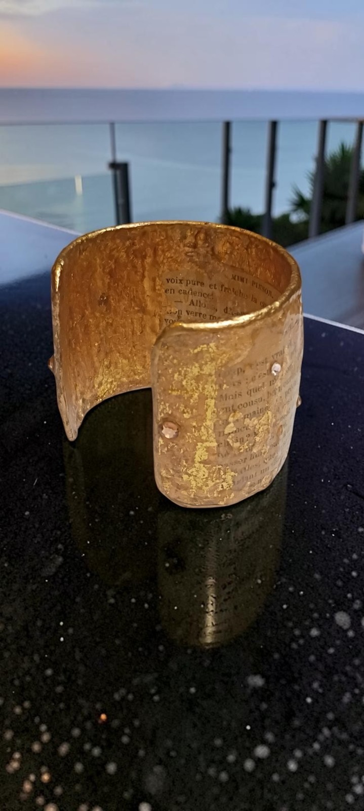 Rare Brigitte Ross Gold Hammered Literary Cuff Bracelet Alfred De Musset French