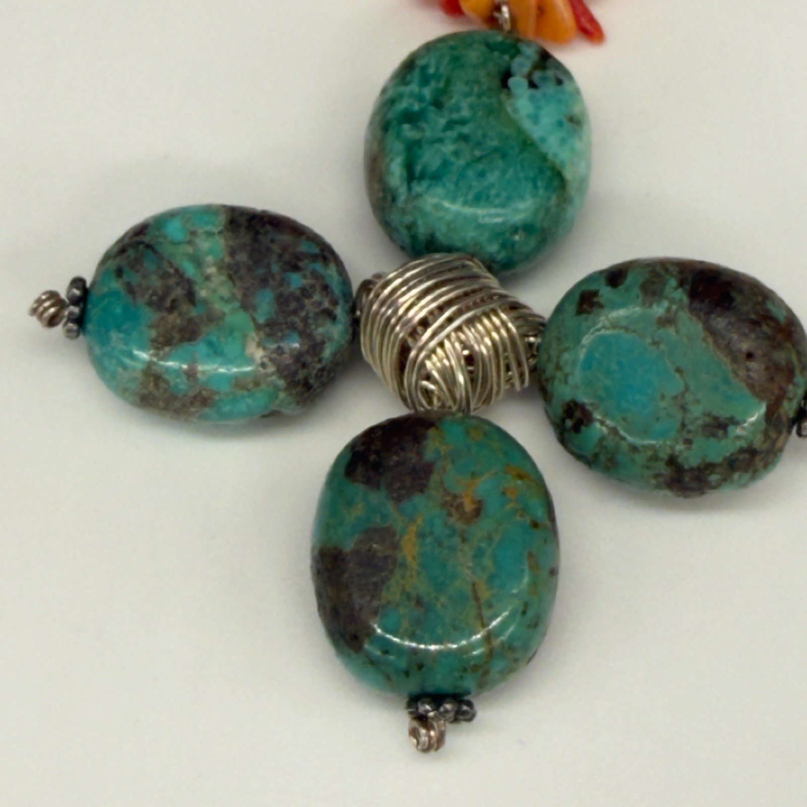 Vintage African Turquoise Necklace Flower and Coral Beaded Chain 16 Inches