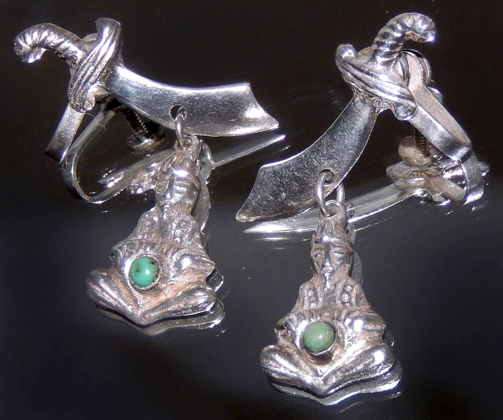 Sterling Silver Turquoise Genie Brooch Pin Earrings SET Simitar Sword Mexico 30g