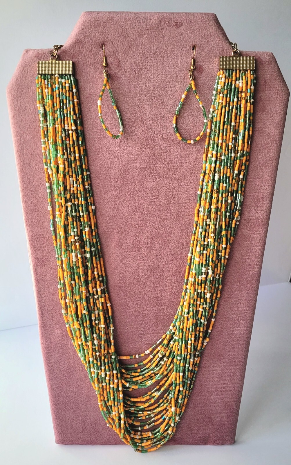 Vtg Orange Green Multistrand Boho Seed Bead Necklace & Earrings Set