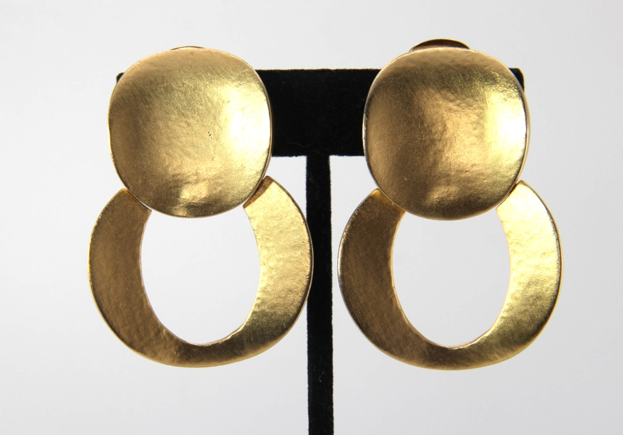 Vintage 1980s Brushed Mate Gold Tone Runway Bold Modernist Statement Earrings