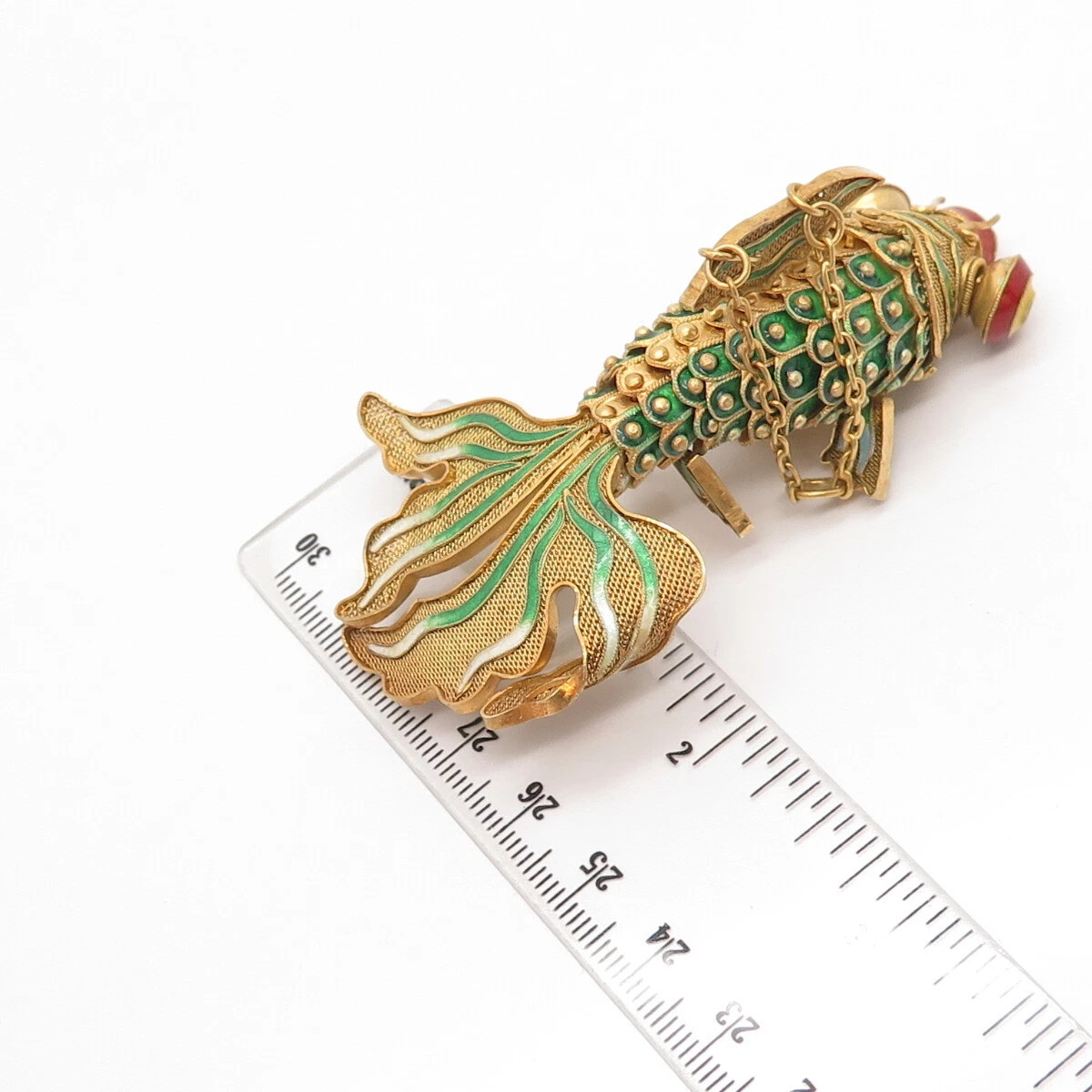925 Sterling Silver Gold Plated Enamel Antique Chinese Koi Fish Chatelaine Fob