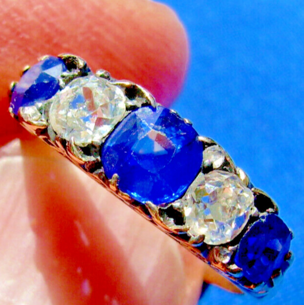 Original EARTH MINED DIAMOND SAPPHIRE Deco Ring Antique Wedding Band 14K GOLD