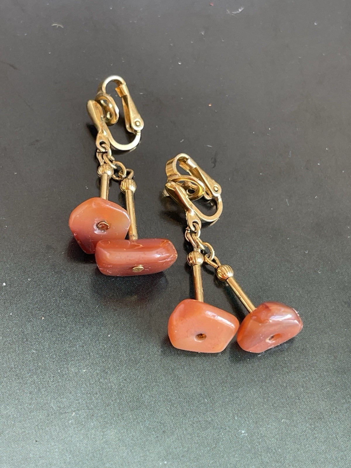 Vintage signed Trifari red bead dangle slip-on earrings gold tone