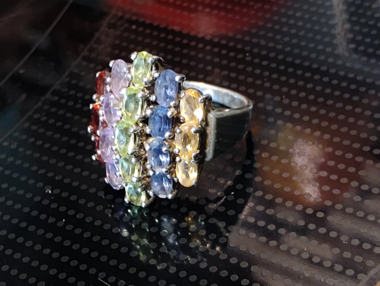 Vintage Ring Sterling Silver Rainbow Multi Gemstone Gem Sapphire/Peridot/Citrine