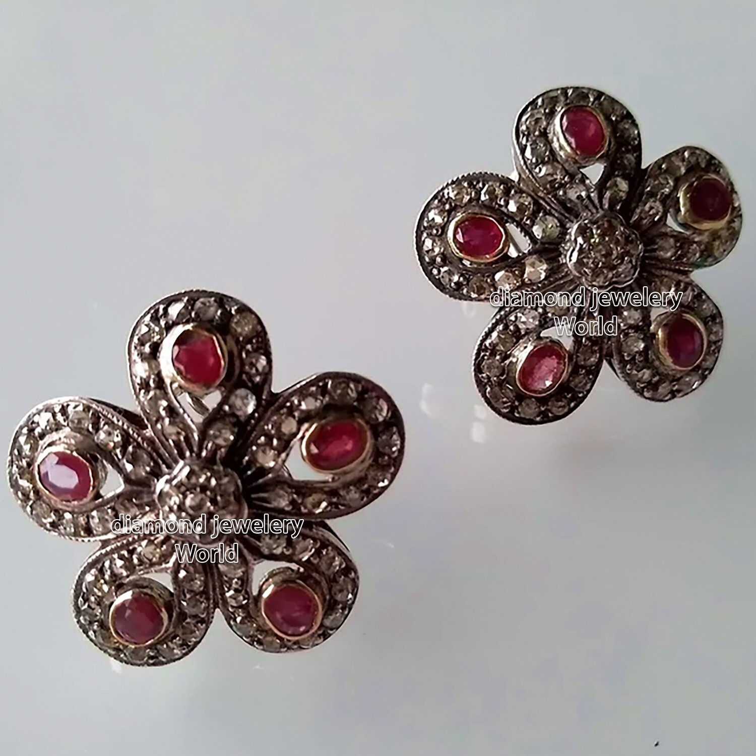 Vintage Style 1.83ctw Rose Cut Diamond Ruby Studded Silver Studs Earring Jewelry