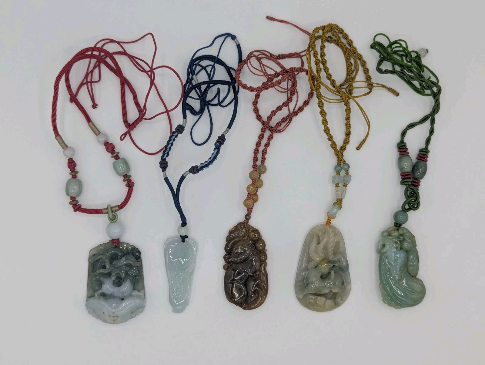 5 Chinese Carved Jade Pendants Pendant Lot – Goat, Sheep, Dragon, Fruit, Floral.