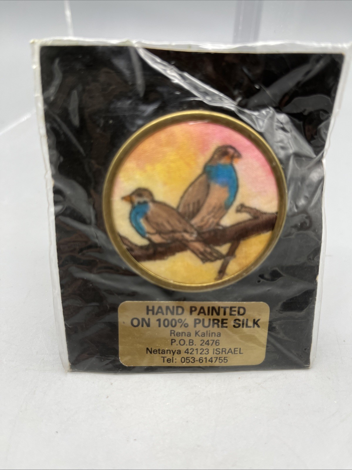 Vintage Brooch Hand Painted On Silk Pair Of Birds On A Branch Oval Shaped New