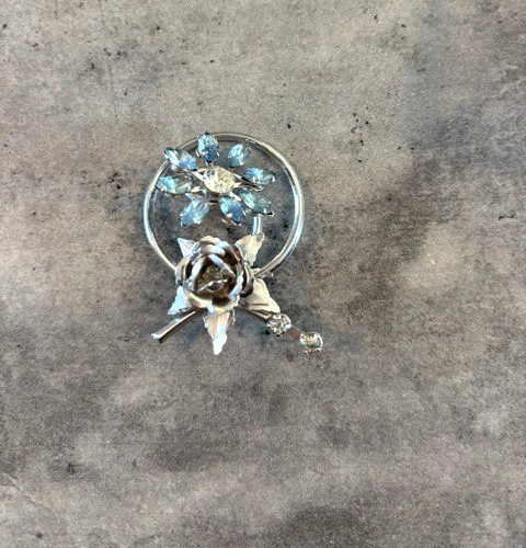 Vintage Silver Tone rose and Blue Rhinestone Flower Brooch Pin