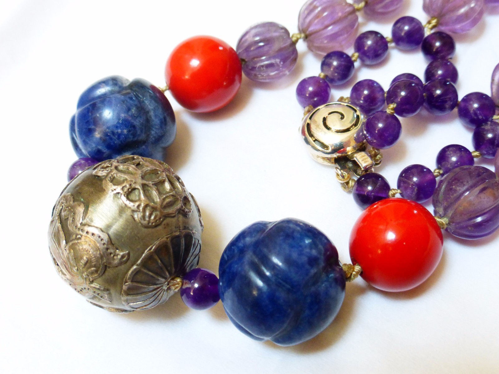 Vintage Carved Amethyst, Lapis, Laquer Beads Necklace, Sterling Bead, Clasp