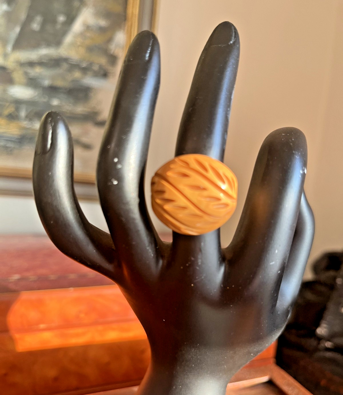 VTG Art Deco Dome Ring Bakelite Carved Butterscotch 6.5-7 Yellow HTF Collectible