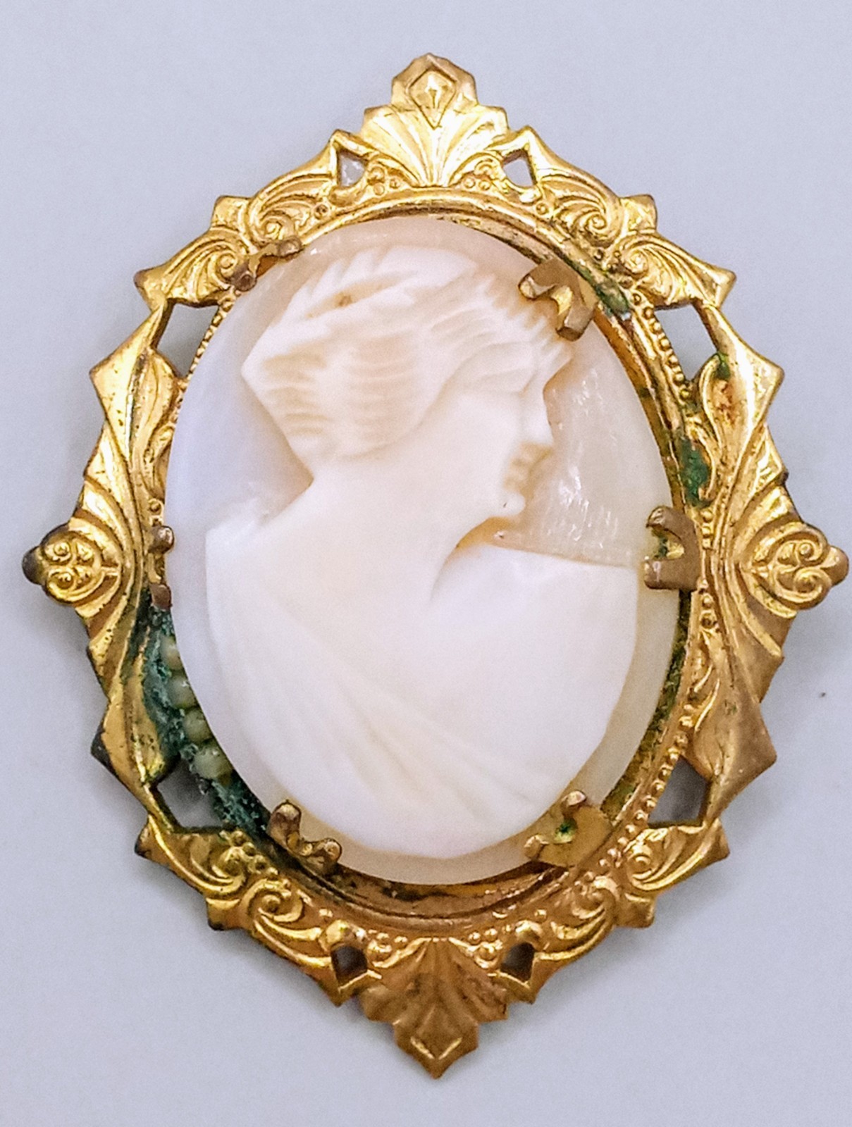 Vintage Brass And Shell Cameo Brooch With 4 Seed Pearls