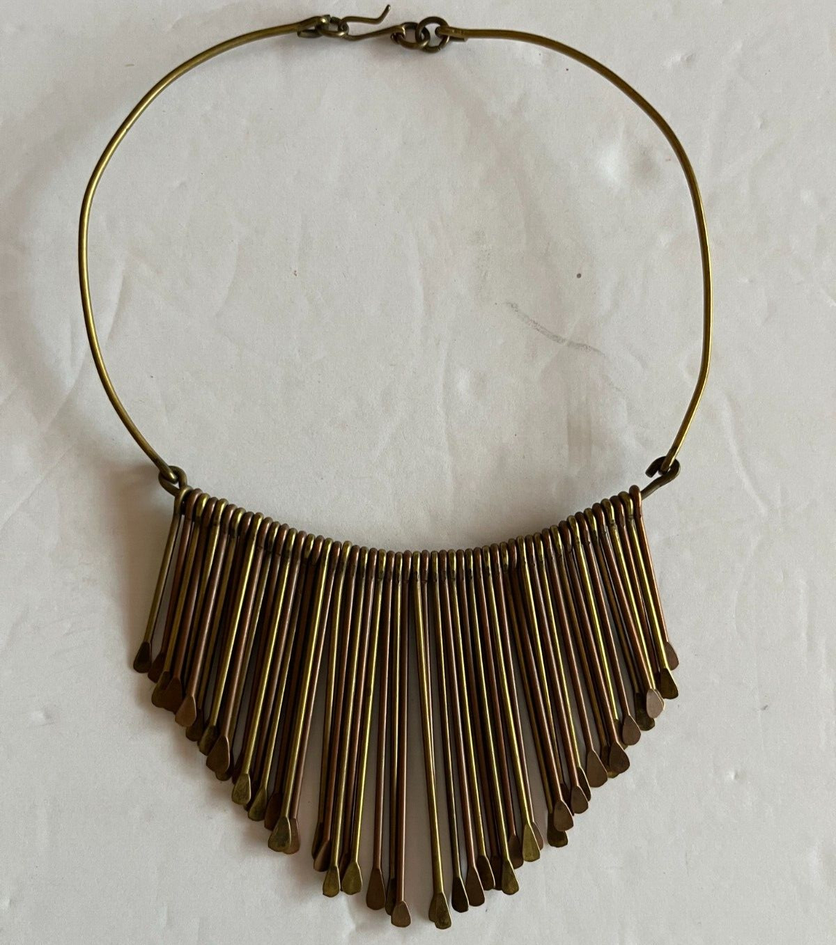 Vintage Brass Paddle Bib Collar Necklace Choker Hammered Fringe Tribal Boho