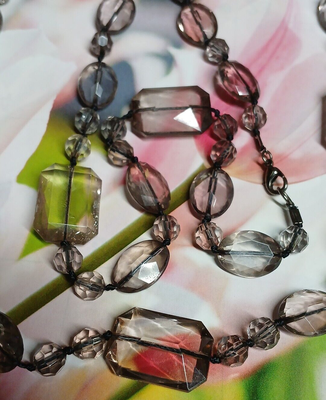 Long Light/Dusty Pink Faceted Emerald, Oval and Round Lucite Bead Necklace