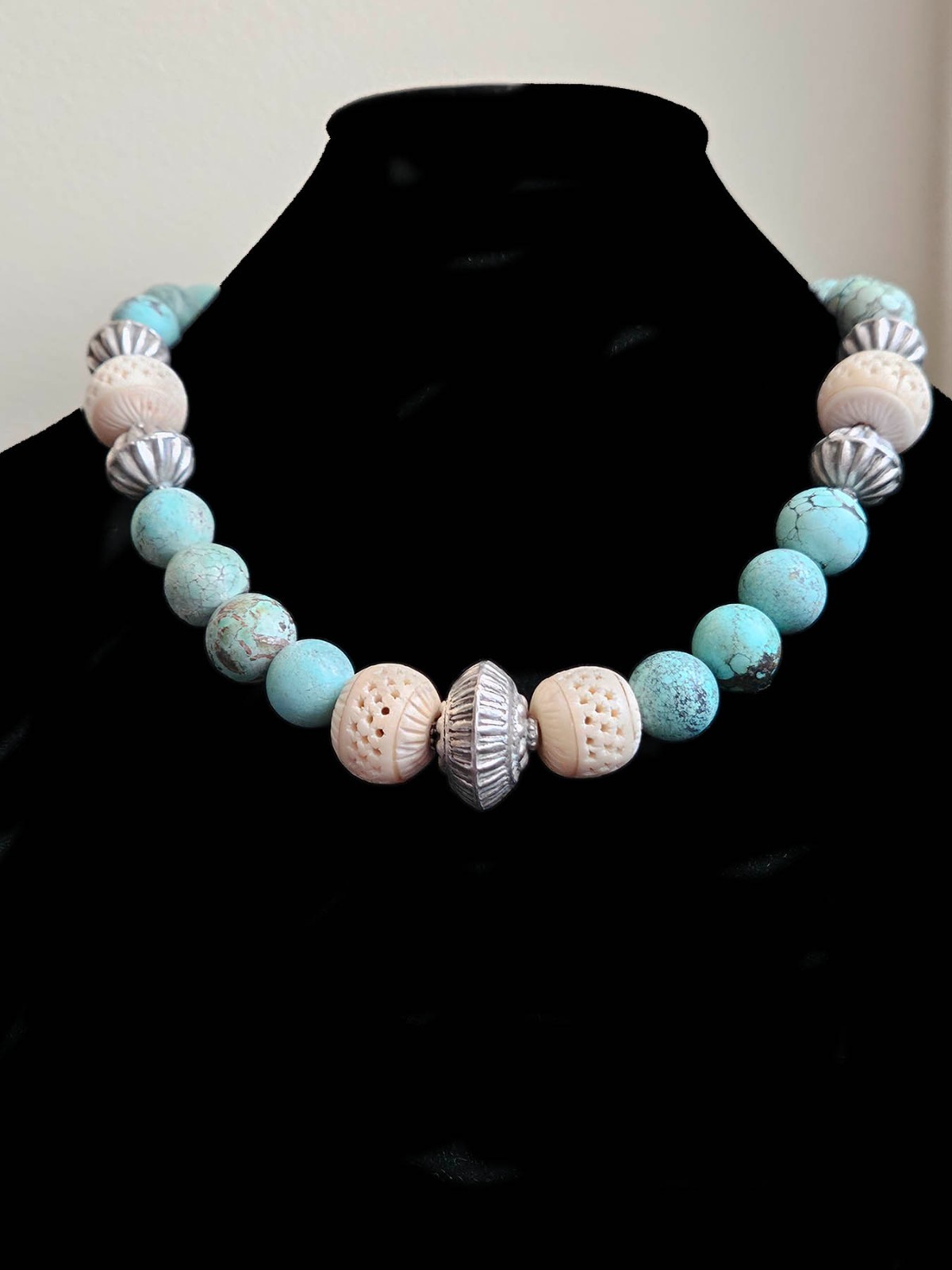 Vintage Tibetan Style Turquoise Necklace with Silver & Carved Bovine Bone Beads
