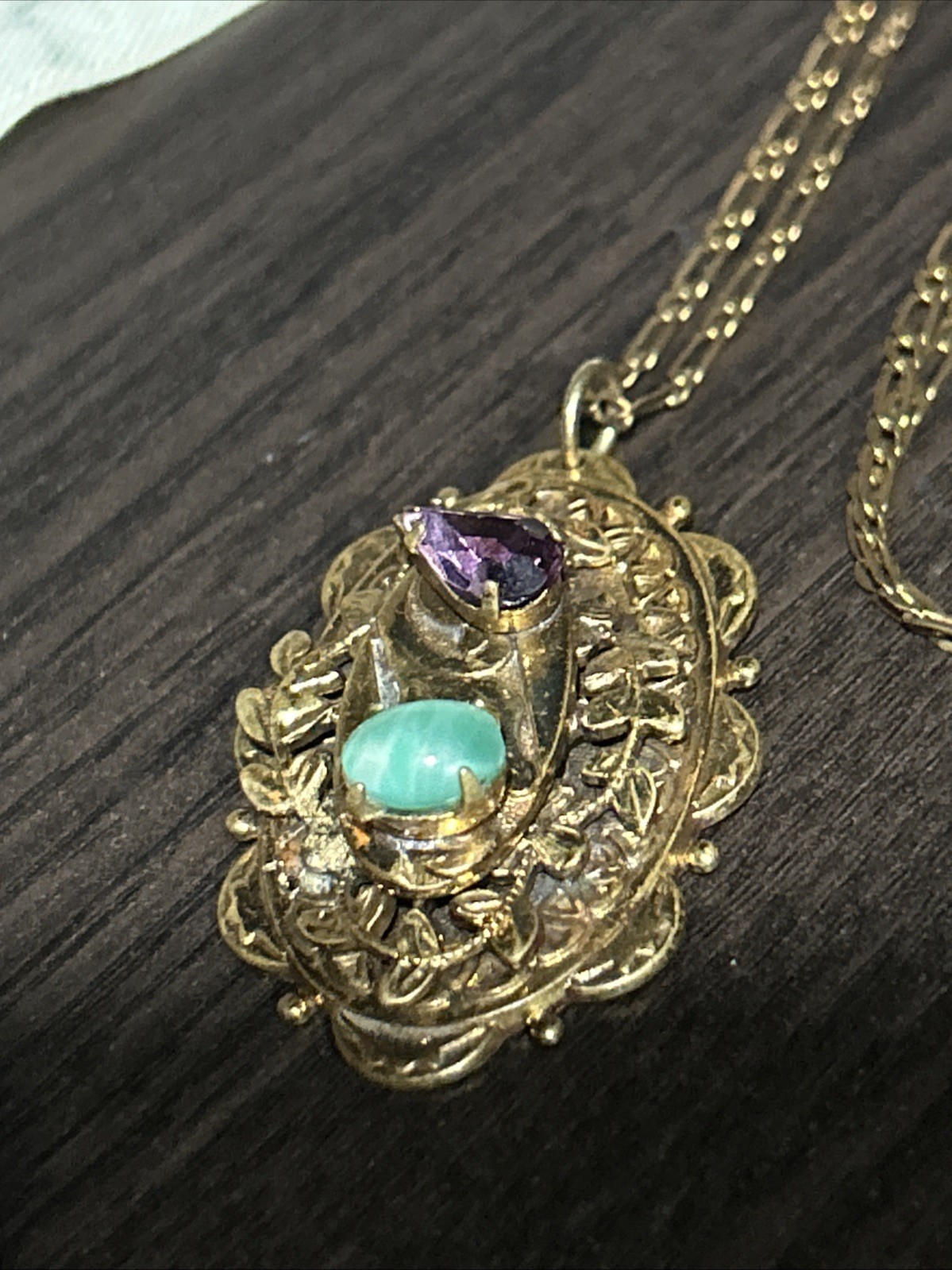 Vintage French Stamp Gold Plate Necklace Art Deco Purple Green Stones Pendant
