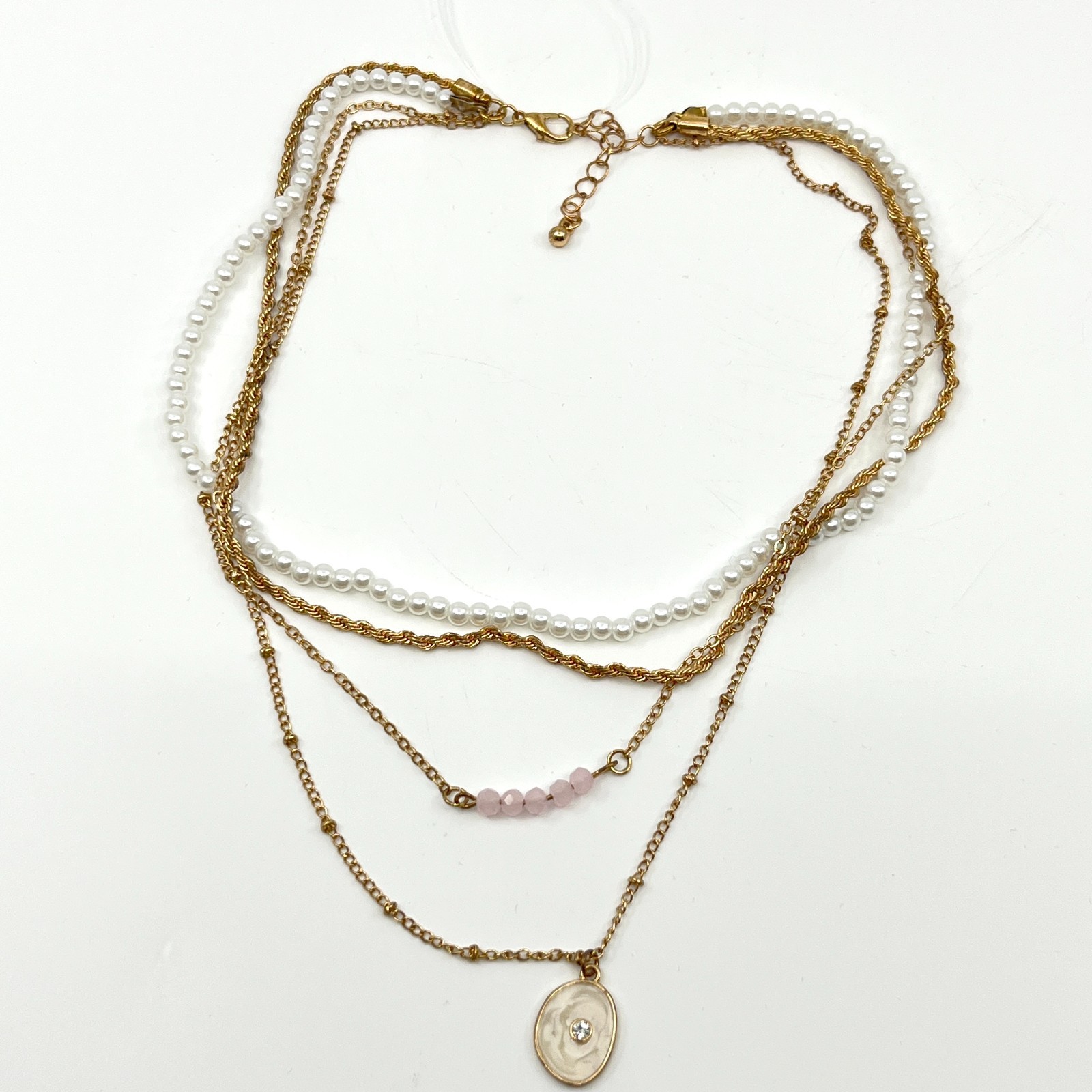 Necklace Vintage Gold Tone Multi-Layered Faux Pearl Pink Bead Oval Medallion