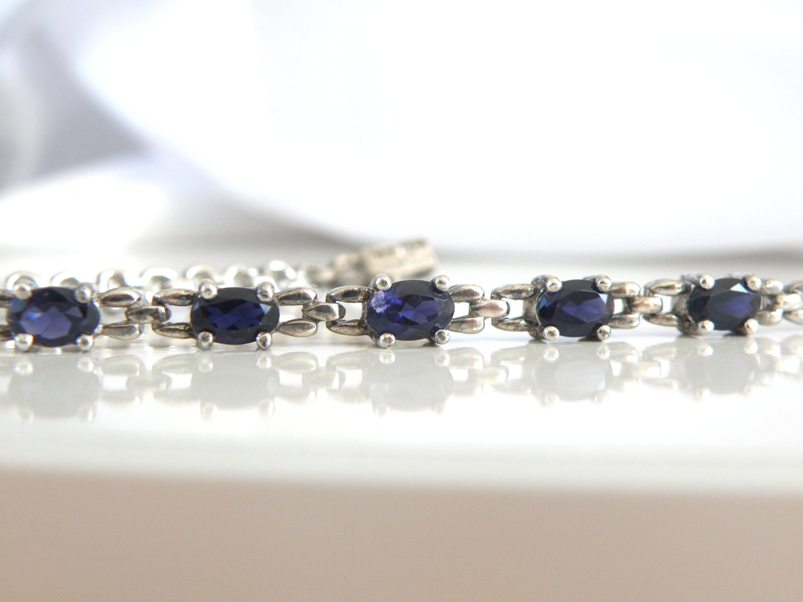 Vintage Sterling Silver 925 Natural Iolite Link Chain Tennis Bracelet Fits
