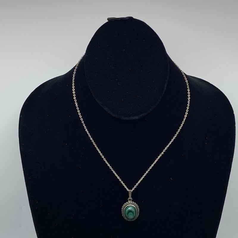 Sterling Silver 925 Malachite Pendant Necklace & Ridged Dome Ring Set Size 3.75
