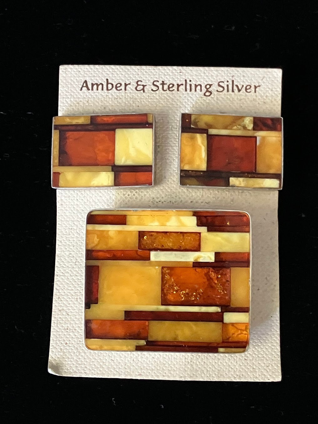 Vintage Baltic Amber Brooch Earring Clip On Set Mosaic Sterling Silver