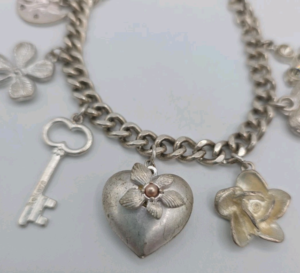 Vintage Silver Tone Chunky Charm Bracelet Heart Key Clover 8″ Cross Love Luck